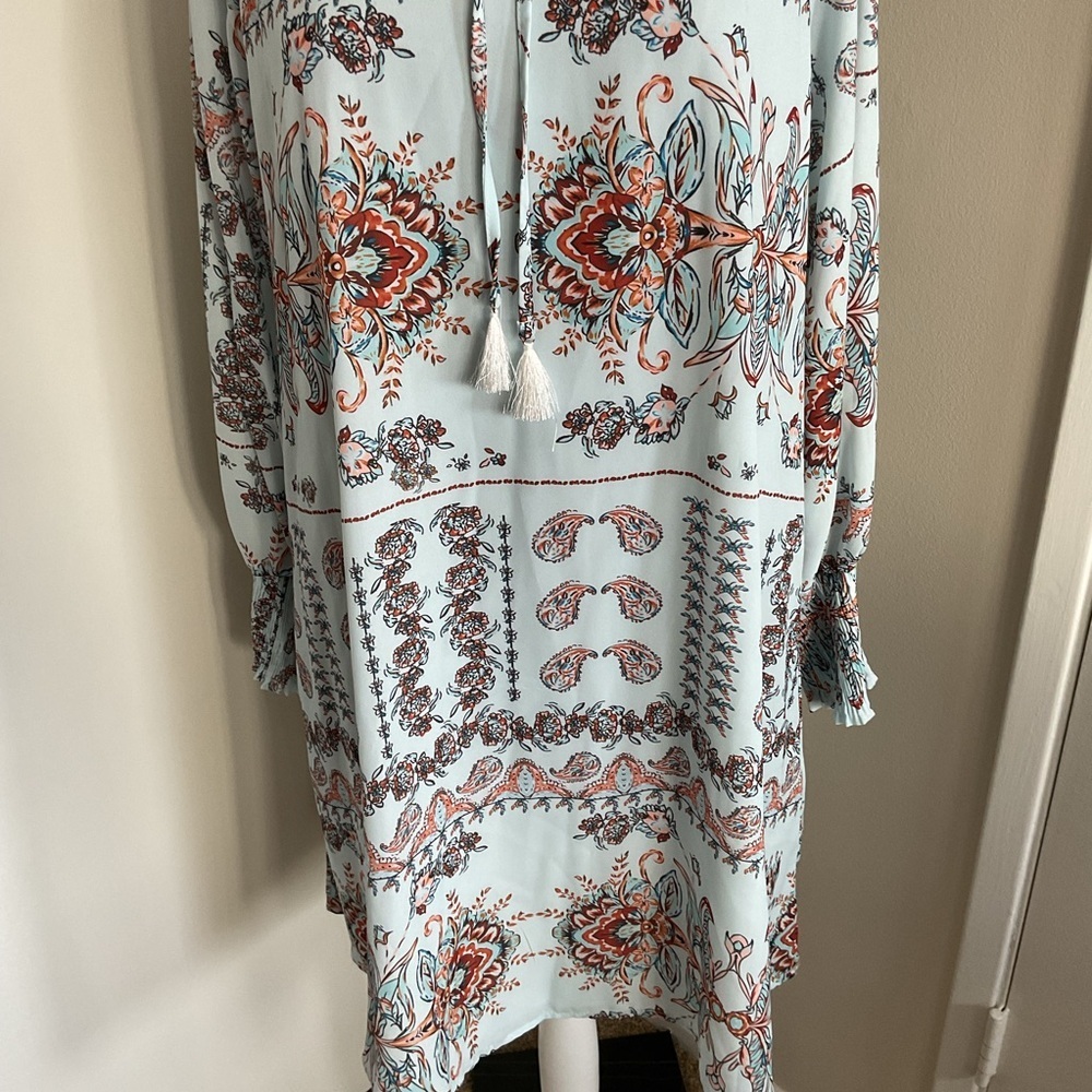 Floral Tie Neck Long Sleeve Sheath Dress L Large Boho Chic Modest Work Event - Picture 3 of 6